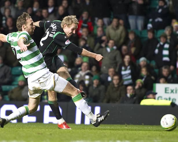 Danny Galbraith fires in a last-minute winner for Hibs at Celtic Park in January 2010. Picture: SNS
