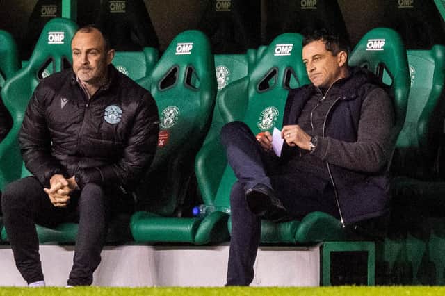 Hibs manager Jack Ross with his assistant John Potter during Tuesday night's draw with St Johnstone at Easter Road. Photo by Ross Parker/SNS Group