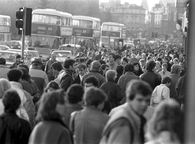 Crowds doing their Christmas shopping in Princes Street Edinburgh, December 1986.