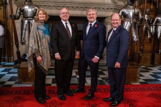 From left, Senator Lisa Murkowski, US Ambassador Philip T Reeker, Angus Robertson MSP, and Senator Chris Coons attend a reception at Edinburgh Castle