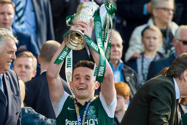 Hibs' John McGinn celebrates with the William Hill Scottish Cup in 2016. Pic: Alan Harvey, SNS Group