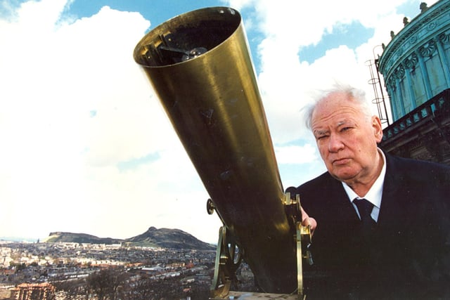 The Sky at Night TV presenter Patrick Moore was in Edinburgh in April, 1994 . He is pictured with the 100-year-old 3 "reference telescope at Royal Observatory. Patrick was also famous in the 90s as the 'GamesMaster' in the hit Channel 4 video games TV show.