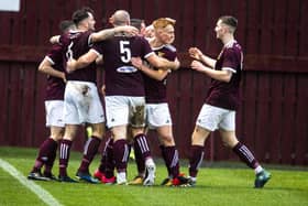 Tranent Juniors celebrate scoring against East Stirlingshire in the Scottish Cup first round. Pic: Lisa Ferguson