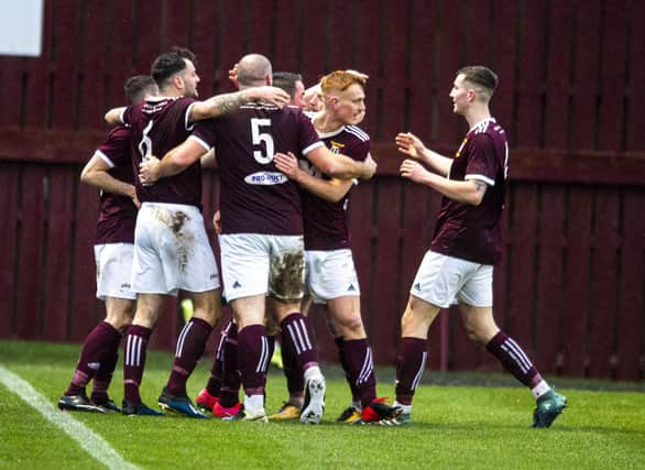 Tranent Juniors celebrate scoring against East Stirlingshire in the Scottish Cup first round. Pic: Lisa Ferguson