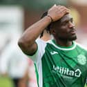 Hibs defender Rocky Bushiri was booked in prior matches against Falkirk and Bonnyrigg Rose. Picture: SNS