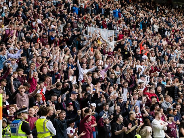 Hearts fans in the main stand at Tynecastle Park. Picture: SNS
