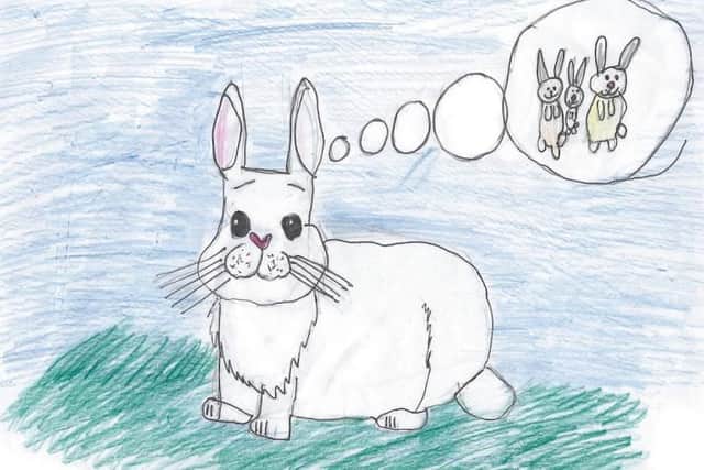 Seven-year-old Odette San Miguel Banyuls worked on the words and illustrations for “The Homeless Rabbit” for more than a month before it was unveiled to the public.
