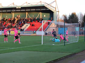 Tranent stand-in goalkeeper Dean Beveridge, who was drafted in after an injury to No Kevin Swain in the warm-up, is helpless as Stirling Albion find the net. Picture: Graham Hamilton