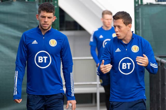 Celtic stars Ryan Christie (left) and Callum McGregor during a Scotland training session at the Oriam. Picture: SNS