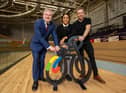 Cyclists Chris Hoy and Shanaze Reade with Angus Robertson at a ceremony to mark 500 days to go until the  2023 UCI Cycling World Championships (Picture: Jeff Holmes/JSHPIX)