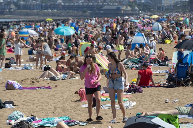 Portobello beach was mobbed on Monday as people headed out to soak up the sun