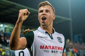 Florian Kamberi celebrates as Hibs knock Asteras Tripolis out of the Europa League in August 2018