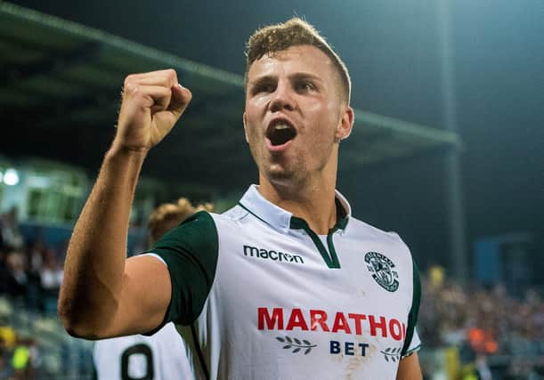 Florian Kamberi celebrates as Hibs knock Asteras Tripolis out of the Europa League in August 2018