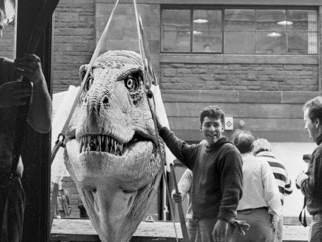 Here you can see a giant Tyrannosaurus Rex head being unloaded by workmen for the Dinosaurs Alive! Exhibition at the City Art Centre in Edinburgh, February 1990.
