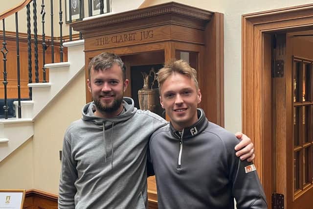 Bathgate duo Ross Callan and Joe Bryce celebrate after winning the PGA in Scotland Winter Fourball event at Troon Portland. Picture: PGA in Scotland