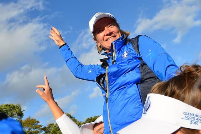 Catriona Matthew celebrates after Europe's dramatic victory in the 2019 Solheim Cup at Gleneagles. Picture: Marc Runnacles/LET