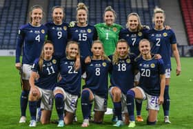 Scotland line up before their Women's World Cup play-off match defeat by Ireland at Hampden Park. Picture: Ross MacDonald / SNS