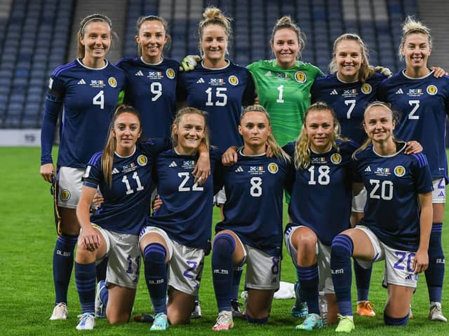 Scotland line up before their Women's World Cup play-off match defeat by Ireland at Hampden Park. Picture: Ross MacDonald / SNS