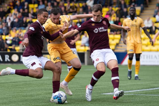Toby Sibbick shoots for goal during Hearts' cinch Premiership encounter with Livingston at the Tony Macaroni Arena. Picture: SNS