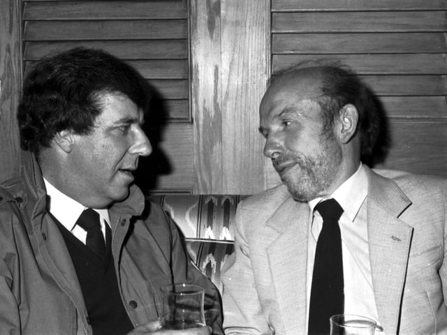 Evening News journalist John Gibson interviewing TV presenter and journalist Russell Harty in Edinburgh, August 1985