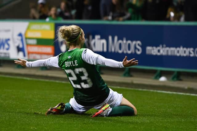 Hibs' Rachael Boyle celebrates making it 2-0 during the SWPL match against Hearts at Easter Road. (Photo by Paul Devlin / SNS Group)