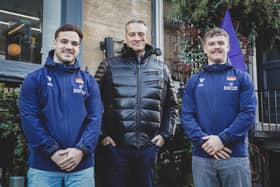 Nic Wood, director of Signature Pubs, with Edinburgh Rugby players Wes Goosen and Darcy Graham.