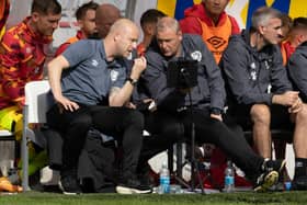 Hearts' technical director Steven Naismith in conversation with head coach Frankie McAvoy. Pic: SNS