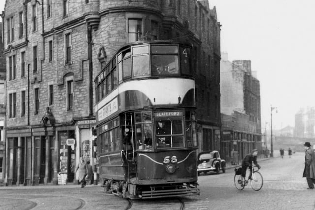 Edinburgh tram No. 58, on Service 4, is seen turning at Ardmillan Terrace into Slateford Road in the 1950s.