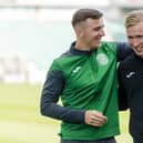 Hibs midfielder Josh Campbell and former Easter Road youngster and current FC Edinburgh midfielder Innes Murray at the launch of the partnership between the two clubs in July