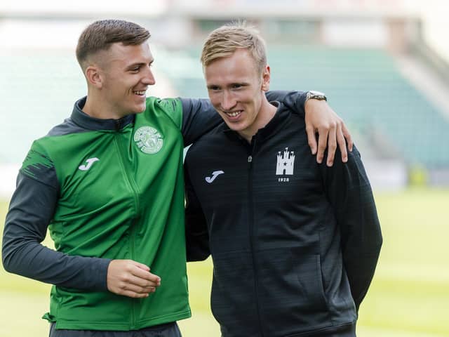 Hibs midfielder Josh Campbell and former Easter Road youngster and current FC Edinburgh midfielder Innes Murray at the launch of the partnership between the two clubs in July