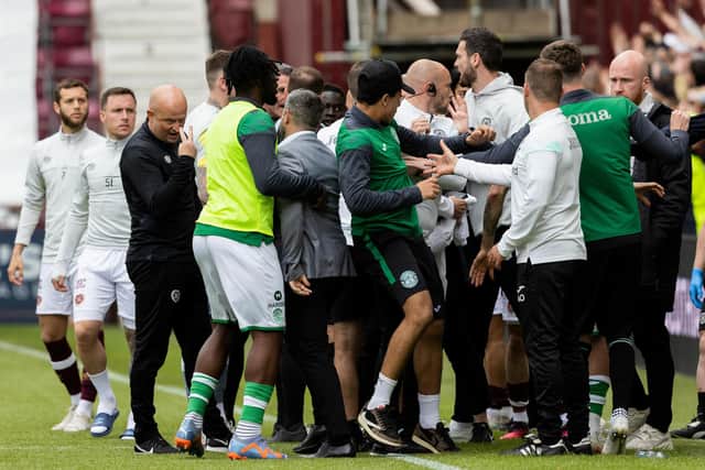 Players and staff from Hearts and Hibs clash following the Edinburgh derby on the final day of last season. Picture: Mark Scates/SNS Group