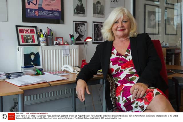 Karen Koren, founder and artistic director of the Gilded Balloon in her Greenside Place office from where she runs the Gilded Balloon