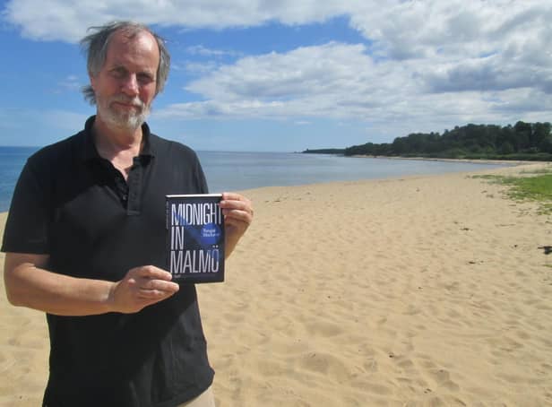 Author Torquil MacLeod on Anita's holiday beach for the launch of the fourth book in the series, Midnight in Malmo