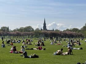 Hundreds of people flocked to The Meadows to sunbathe with friends after temperatures reached 17 degrees.