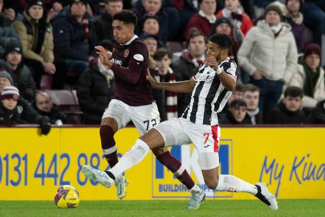 James Hill takes on St Mirren's Jonah Ayunga during the 1-0 victory for Hearts at Tynecastle earlier this year. Picture: SNS