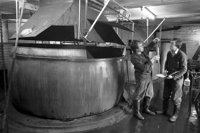 The Lorimer & Clark in Slateford Edinburgh, the last beer brewery to use coal-fired coppers in Britain, February 1984.