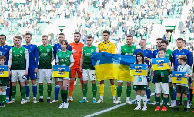 Hibs and St Johnstone show their support for Ukraine ahead of the recent Scottish Premiership meeting between the two teams at Easter Road
