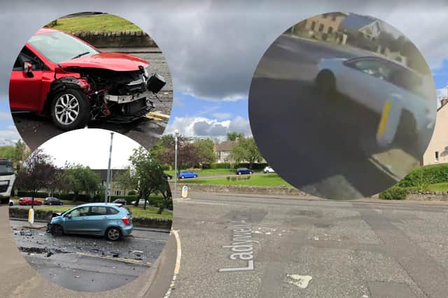 Pictures show cars damaged in a crash that happened in Corstorphine High Street in July 2020 and a screenshot from a video where a cyclist films a car overtaking him on the wrong side of the road in the same street pictures: supplied