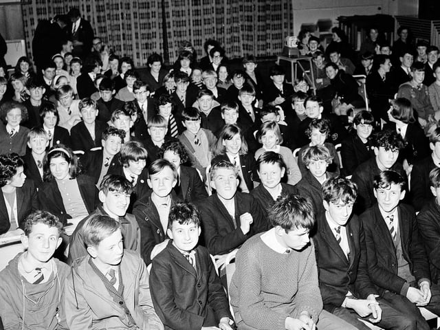 Pupils watch a talk by mountain climber Dougal Haston at Currie Secondary School in November 1964.