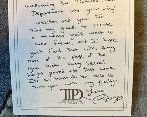 Taylor Swift's hand written note for her new album