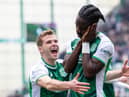 Elie Youan with his customary goal celebration after putting Hibs 1-0 up against St Mirren. Picture: SNS