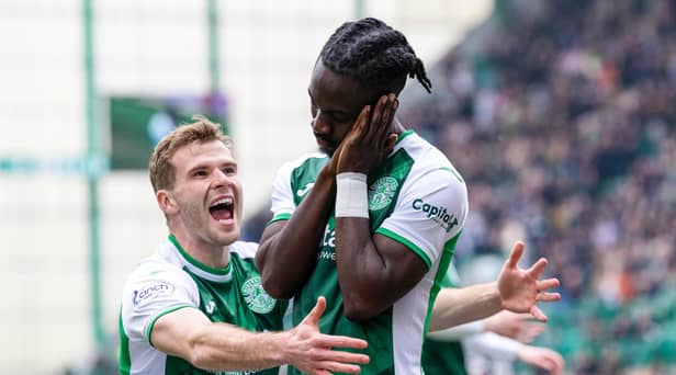 Elie Youan with his customary goal celebration after putting Hibs 1-0 up against St Mirren. Picture: SNS