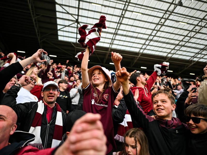Hearts fans react after the final whistle (Photo by ANDY BUCHANAN / AFP via Getty Images)