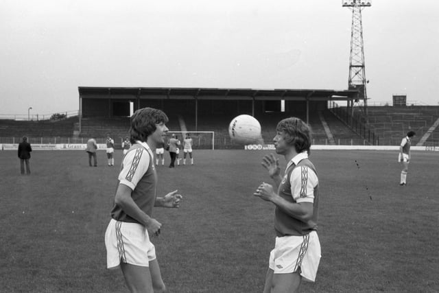 Hibs football team headshots and training at Easter Road before the start of the 1981/82 season - Ralph Callachan and Arthur Duncan doing headers.