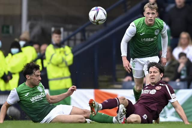 Joe Newell, left, and Jake Doyle-Hayes in action for Hibs against Hearts last season
