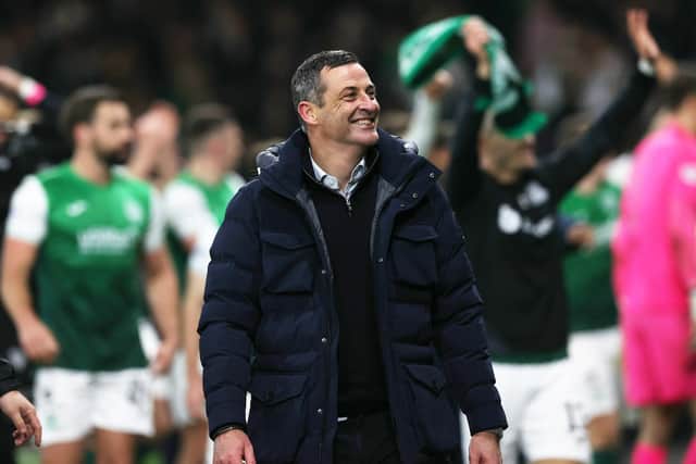 Jack Ross beams with delight after Hibs defeated Rangers in the Premier Sports Cup semi-final