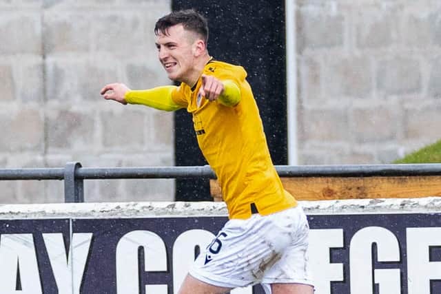 Hibs loanee Josh Campbell celebrates after scoring the only goal of the game at Borough Briggs (Photo by Roddy Scott / SNS Group)