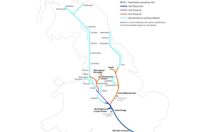 HS2 trains between London and Scotland would run on dedicated tracks (coloured dark blue, purple and orange) before continuing north on the west coast main line (light blue). HS2's eastern arm to Leeds (orange) was shelved last month. Picture: HS2 Ltd