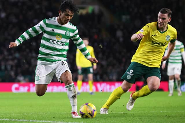 Celtic’s Reo Hatate and Hibs defender Paul Hanlon in action when the teams last met in Glasgow back in January. Picture: Alan Harvey / SNS