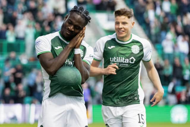 Elie Youan celebrates his stunning equaliser against Celtic with a baby gesture